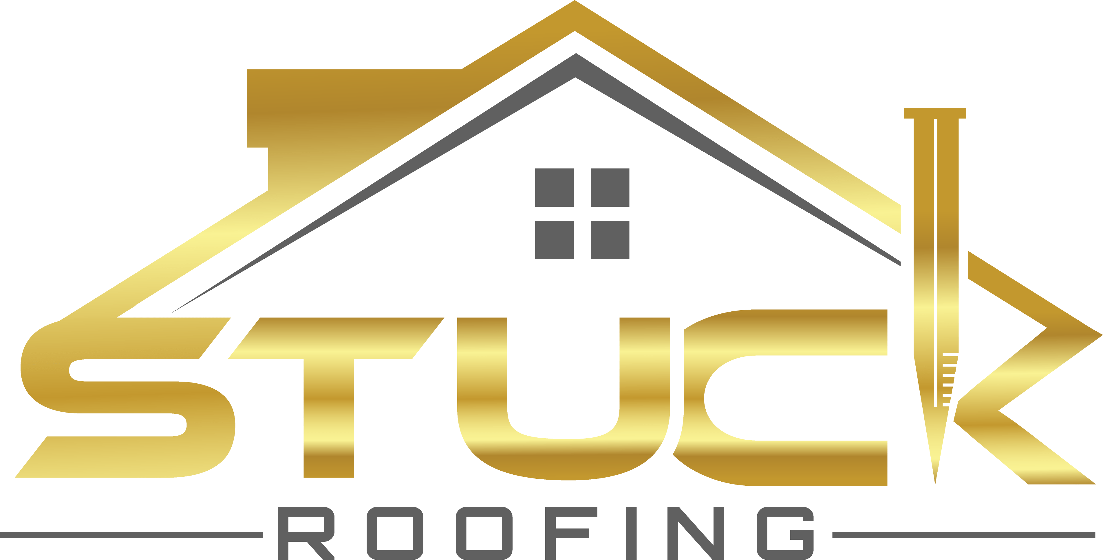 Logo for "Stuck Roofing" featuring a stylized gold house with a nail as the letter "I" in "STUCK" and the word "ROOFING" below in a sleek, modern font.