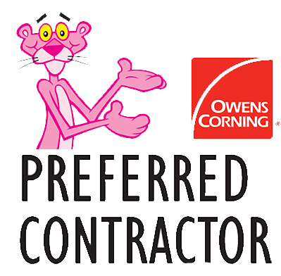 The Pink Panther cartoon character gestures toward the Owens Corning logo above the words “Preferred Contractor.”.
