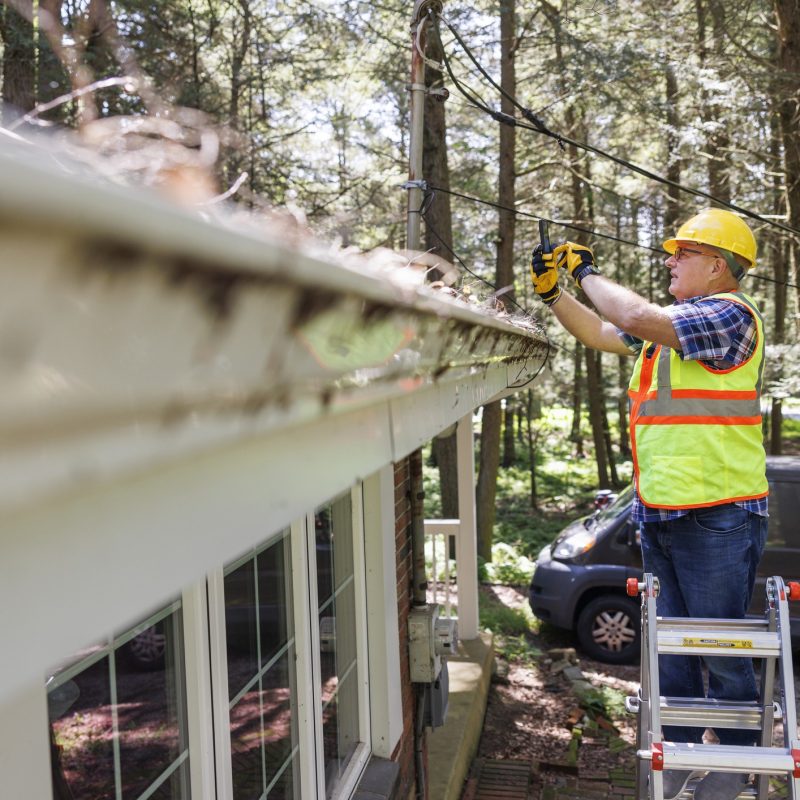 A worker wearing a yellow hard hat, safety vest, and gloves stands on a ladder cleaning leaves from a house’s gutter, with a van and trees visible in the background.