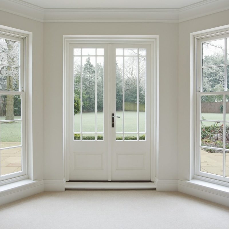 A bright room with large white-framed French doors and two tall windows, all overlooking a green lawn and trees outside. The interior is painted white with beige carpet flooring.